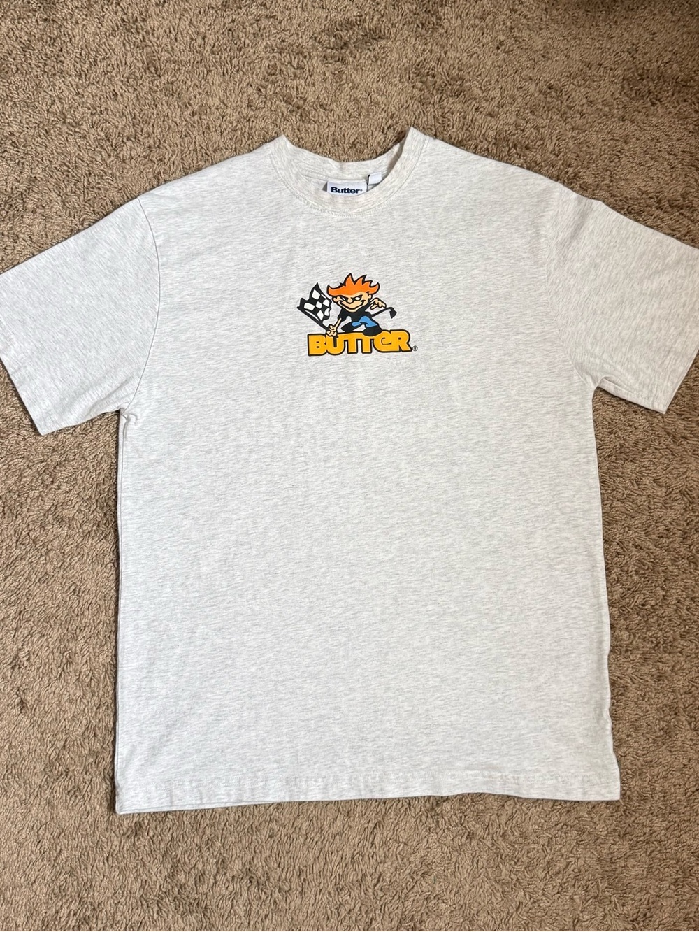 Butter Light Gray Tee with Yellow Logo and Orange Graphic